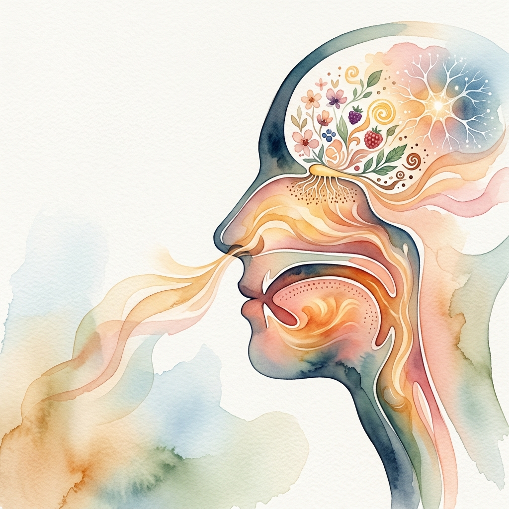 Diagram of flavor perception: orthonasal and retronasal olfactory pathways