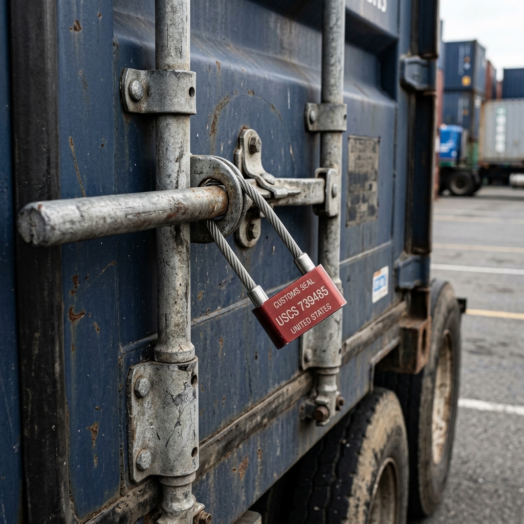 An original customs seal on a truck's doors