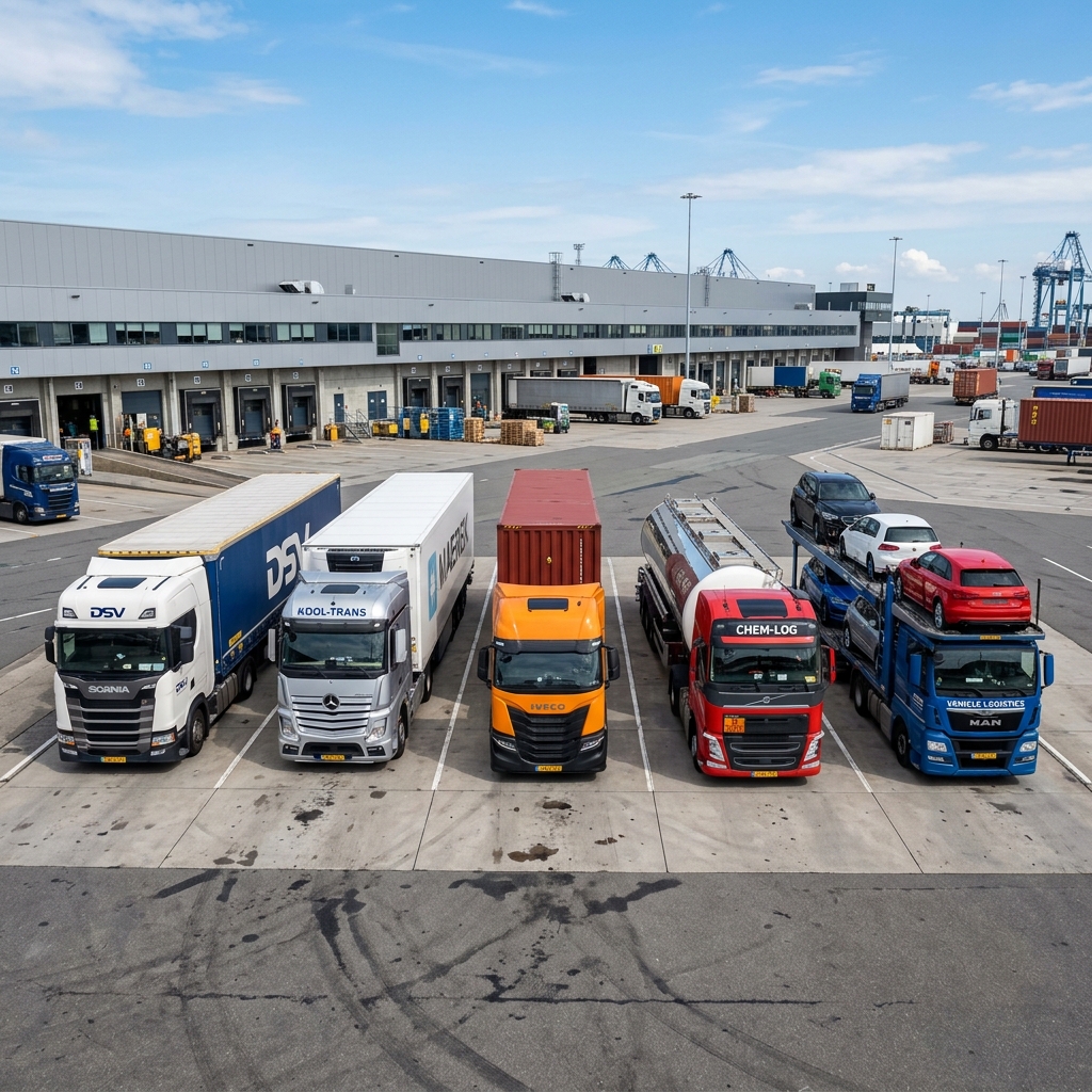 Different types of semi-trailers at a logistics terminal