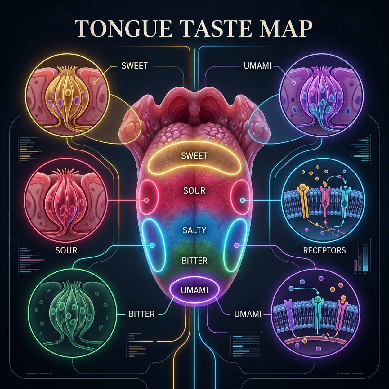 Tongue taste map: the distribution of taste buds and receptors for all five basic tastes